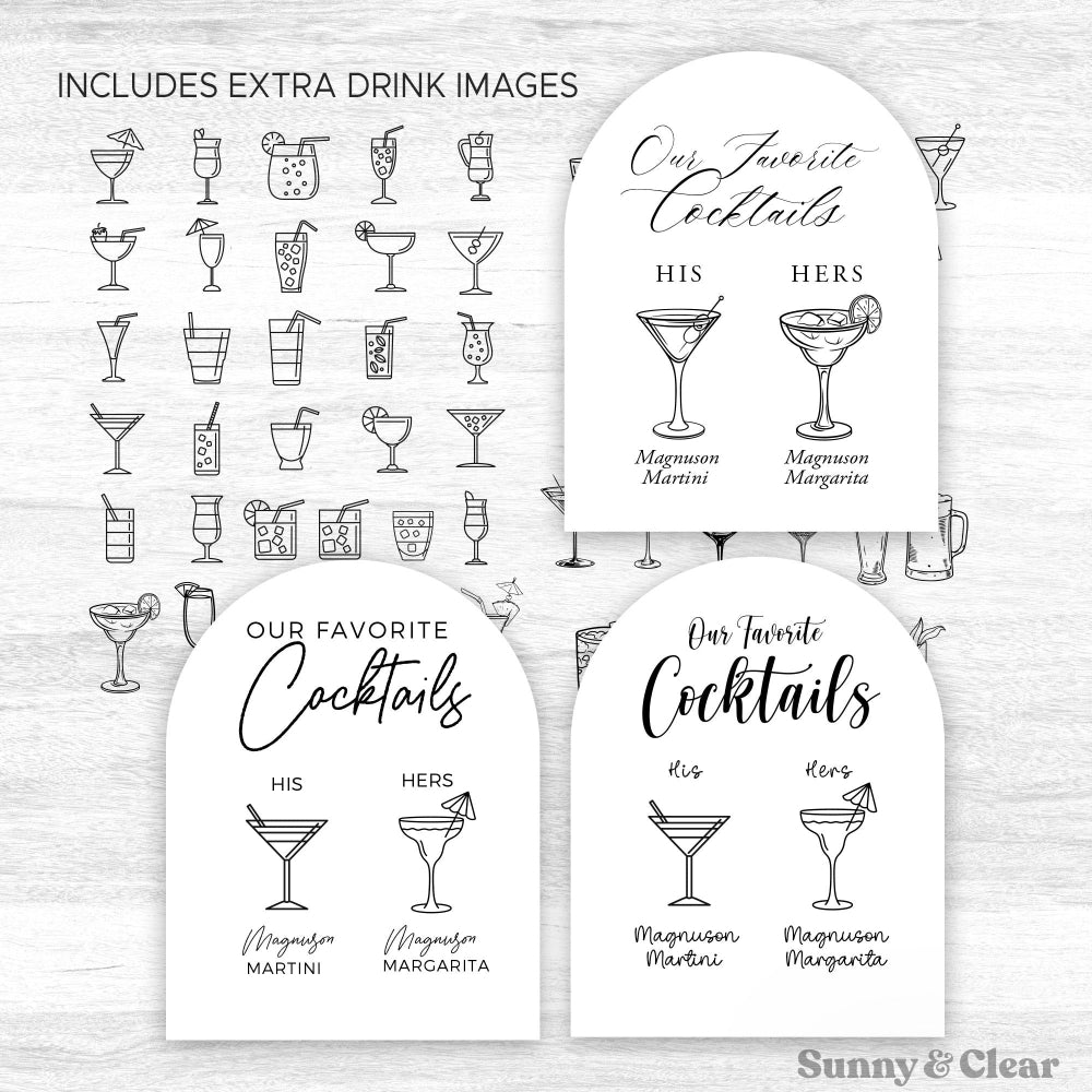 Set of cocktail illustrations and labels for 'Our Favorite Cocktails' on a white background.