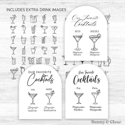 Set of cocktail illustrations and labels for 'Our Favorite Cocktails' on a white background.