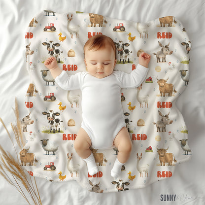 Farm Animals Personalized Fleece Blanket Custom Name Baby Blanket Kids Room Nursery Decor