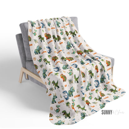 Personalized Dinosaur Name Blanket: Custom Fleece Nursery Decor Gift for Boy