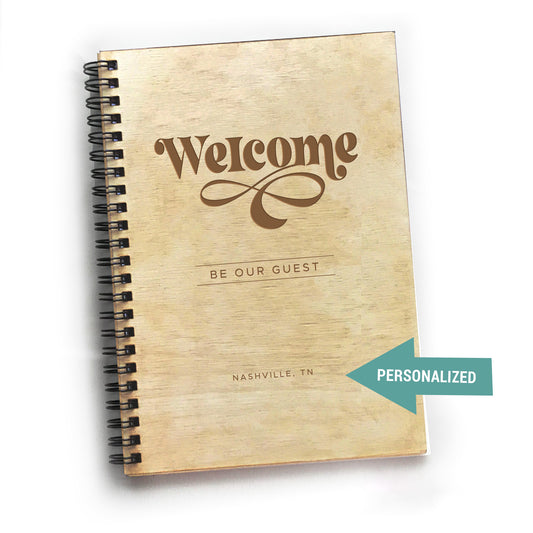 Welcome! Custom AirBNB Guestbook, Retro Boho, Personalized Wood Guest Book
