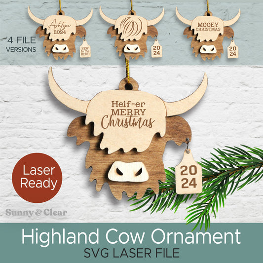 SVG Highland Cow Ornament, Laser File, Mooey Christmas, Baby Personalized