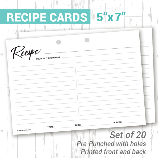 5x7 Recipe Cards, Set of 20, Refill, 2-Sided