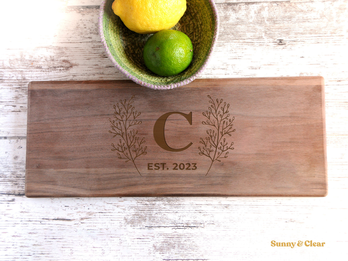 Cutting Serving Board - Walnut 15 x 6 Personalized Monogram Floral Sprigs