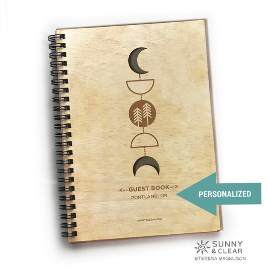 AirBNB Guest Book, Moon Phases, Celestial, PNW, Vacation Guestbook, Laser Engraved, Personalized
