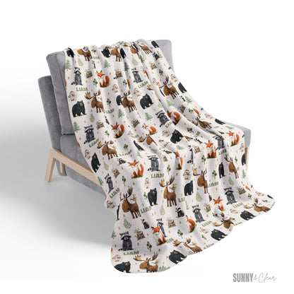 Personalized Woodland Animals Fleece Baby Blanket: Custom Nursery Decor Kids Gift for Boy