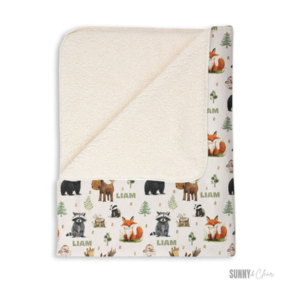 Personalized Woodland Animals Fleece Baby Blanket: Custom Nursery Decor Kids Gift for Boy