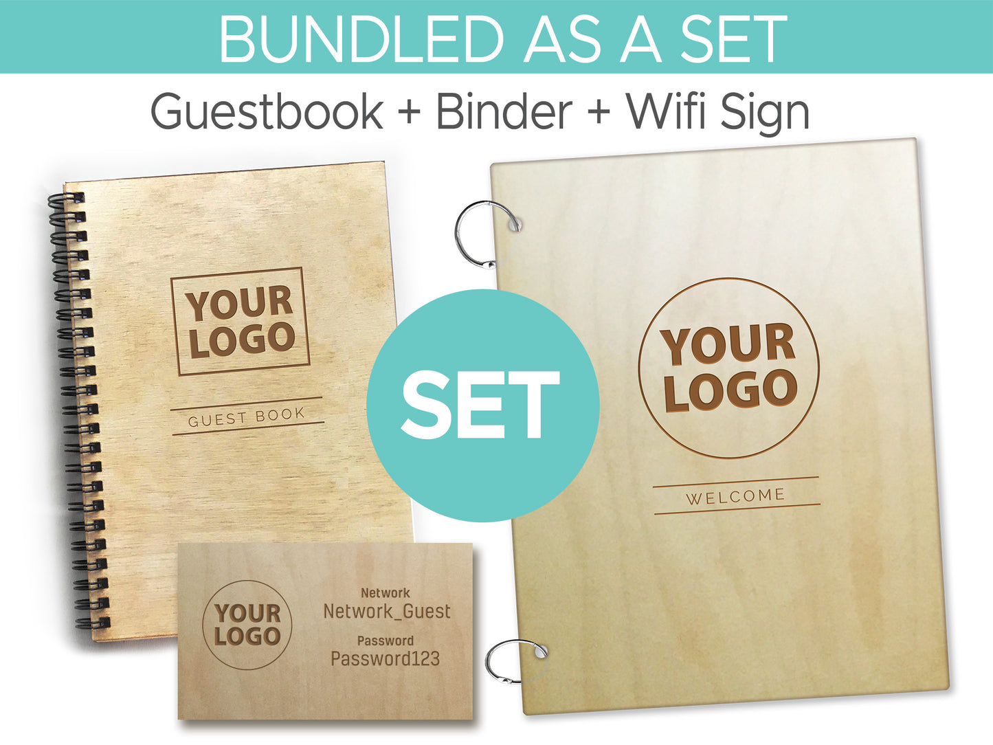 Custom Bundle, With Your Logo - Welcome Book Binder + Guest Book Set + Wifi Sign, AirBNB VRBO