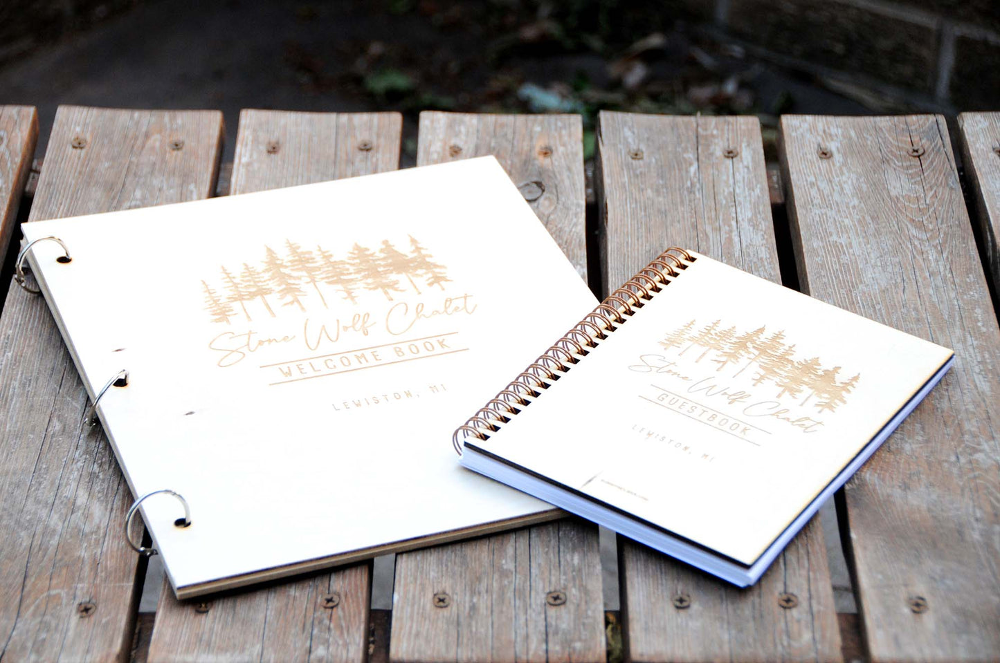Cabin AirBNB Guest Book, Pine Trees, Laser Engraved, Personalized