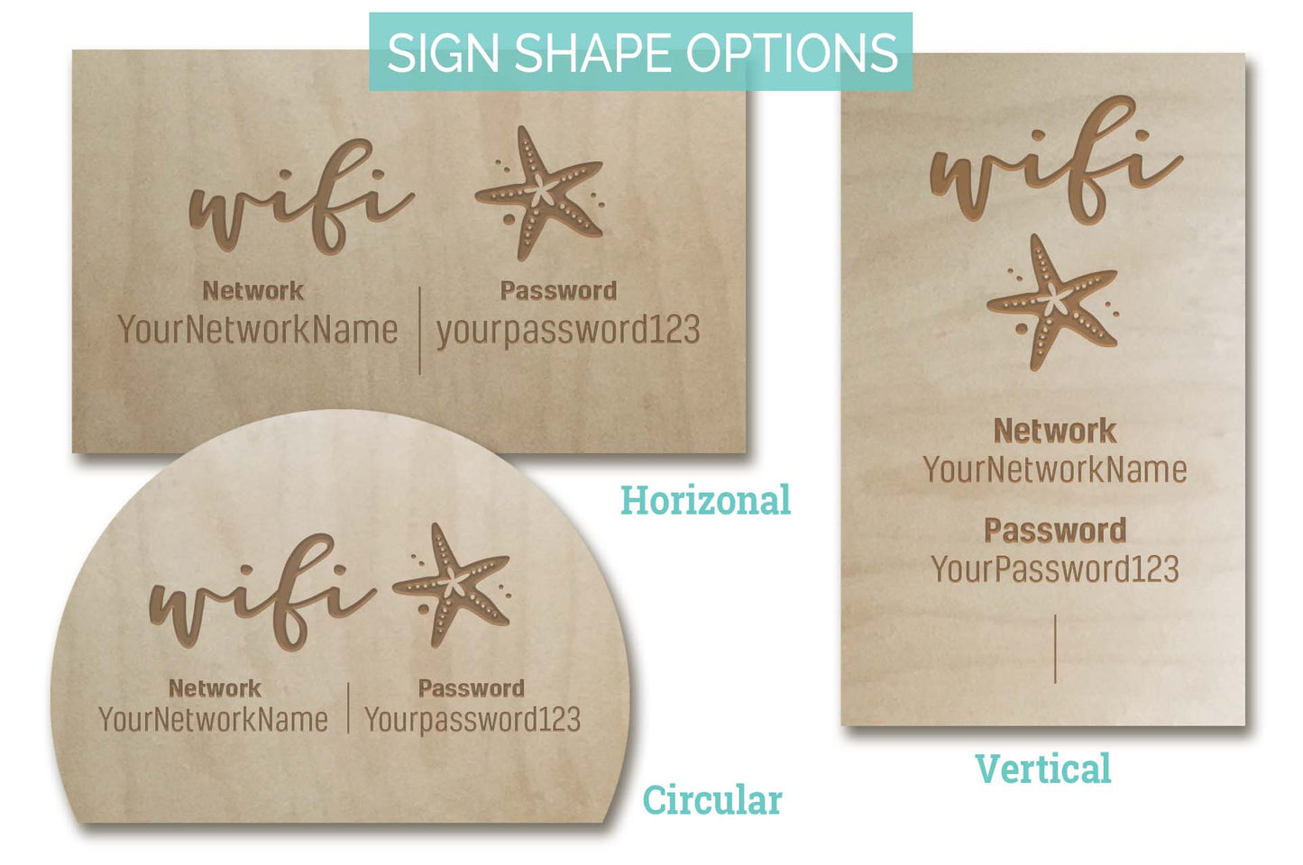 Starfish WiFi Password Sign, Beach, Wood