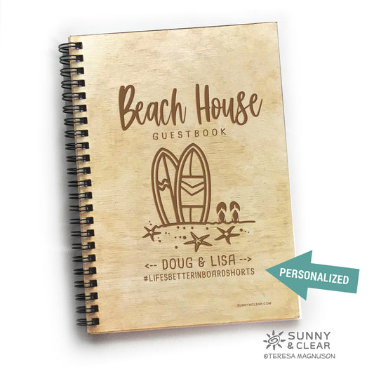 Beach House Guest Book, Surfboard in the Sand, Personalized