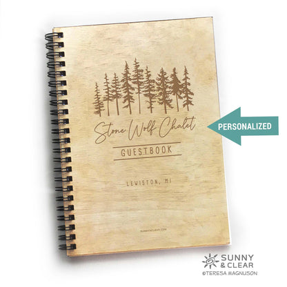 Cabin AirBNB Guest Book, Pine Trees, Laser Engraved, Personalized