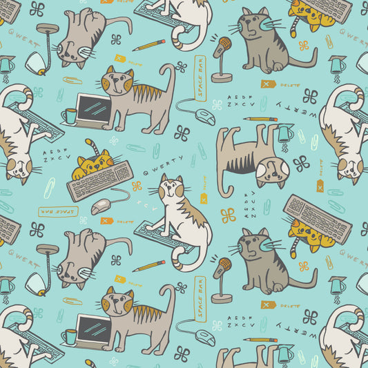 Keyboard Cats, Mischief Light Aqua, fabric by the half-yard