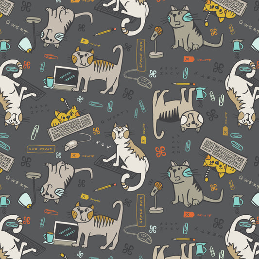 Keyboard Cats, Mischief Dark Pewter, fabric by the half-yard