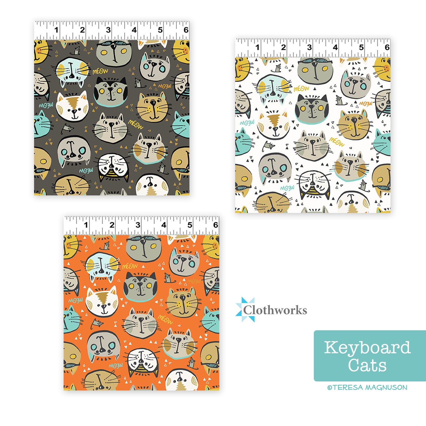 Keyboard Cats, Selfies Orange, fabric by the half-yard